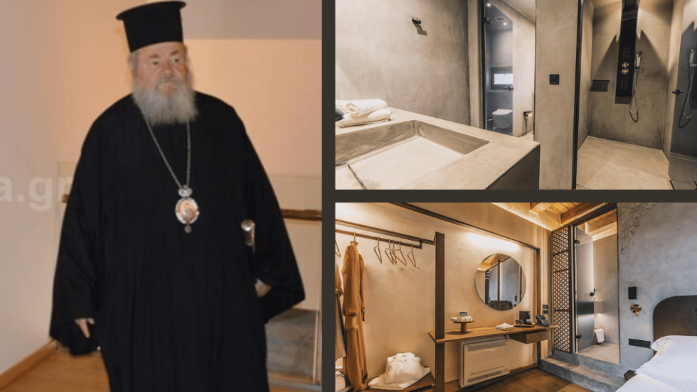 Αριστερά: ο Μητροπολίτης Δαμασκηνός όταν παρουσίασε το «μουσείο» στα ΜΜΕ. Δεξιά: φωτογραφίες από τις σουίτες